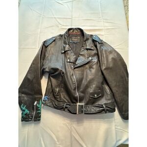 Rage Men's L 80's Blue Black Tribal Black Leather Biker Jacket Bomber Coat